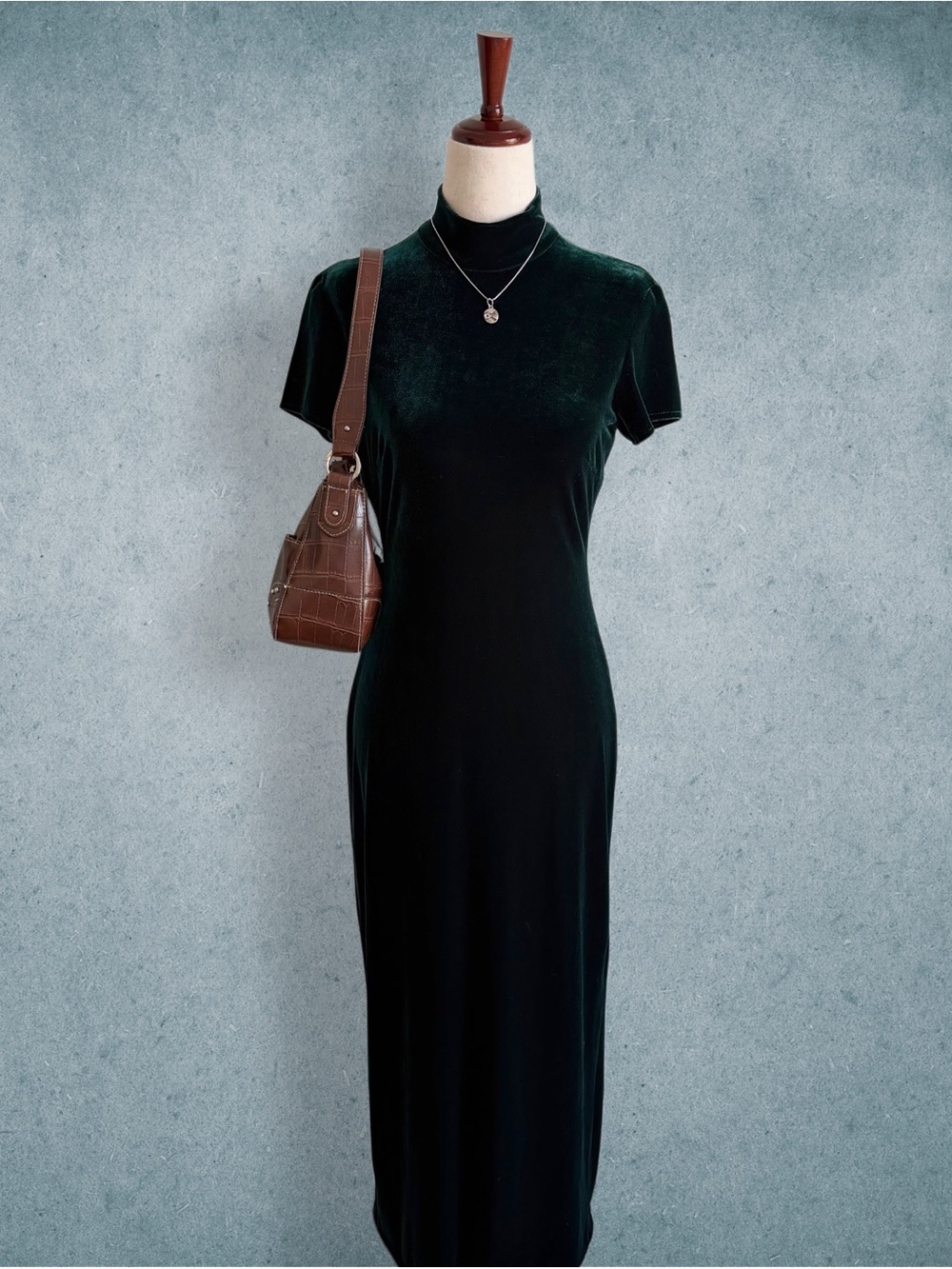 dark green velvet mock-neck maxi dress - size other